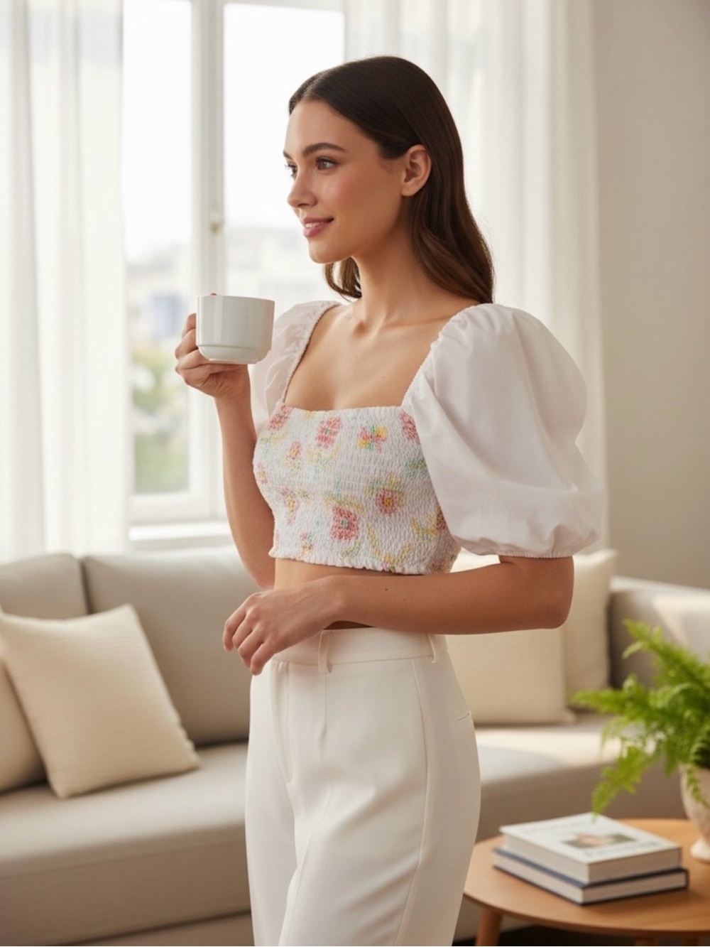 Zara White Smocked Cropped Tank with Pastel Floral Embroidery - Picture 4 of 5